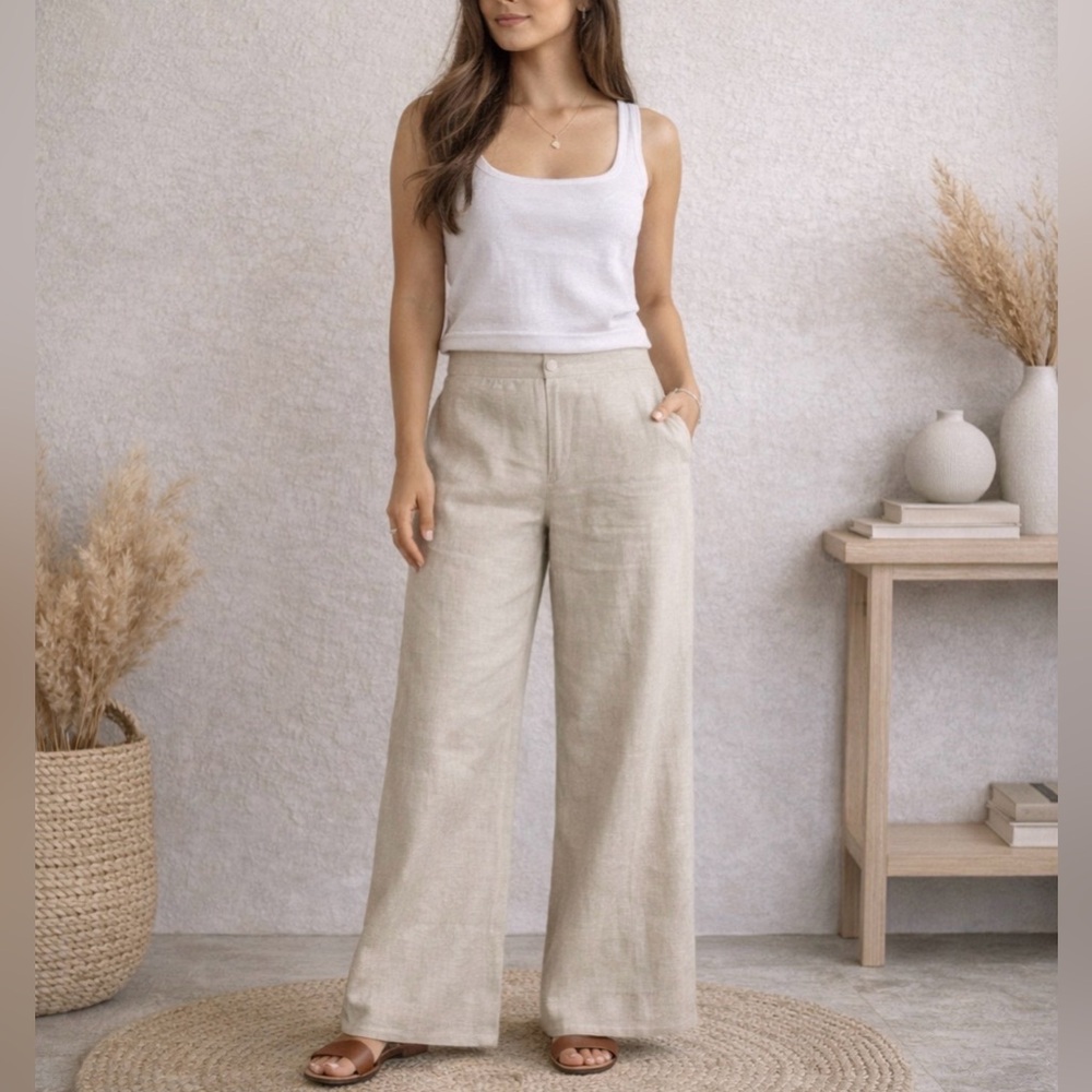 Incotex Women’s Linen Pants Made in Italy Size 42 Beige Minimalist Flat Front